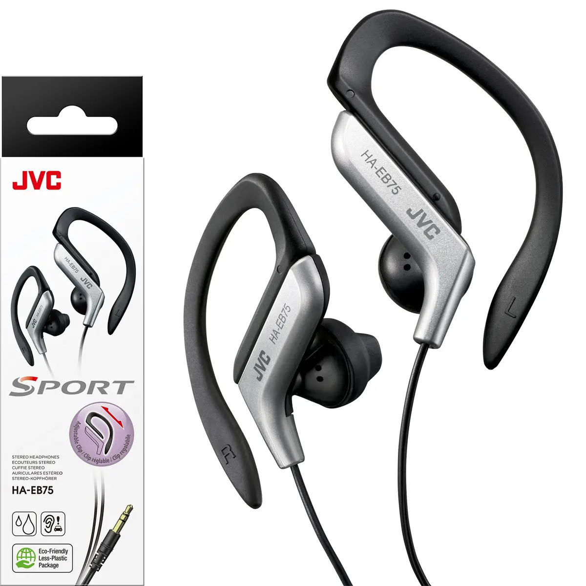 JVC Clip Style Headphone Black and Silver | Splash Proof, Water Resistant, Powerful Sound - main product image