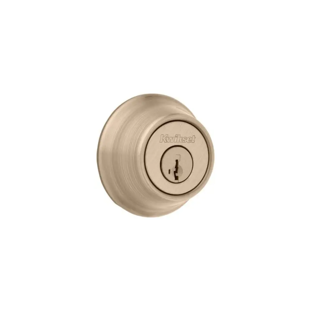 Kwikset Deadbolt Lock Antique Brass Round Exterior Keyed | Pick-Resistant SmartKey Security - main product image