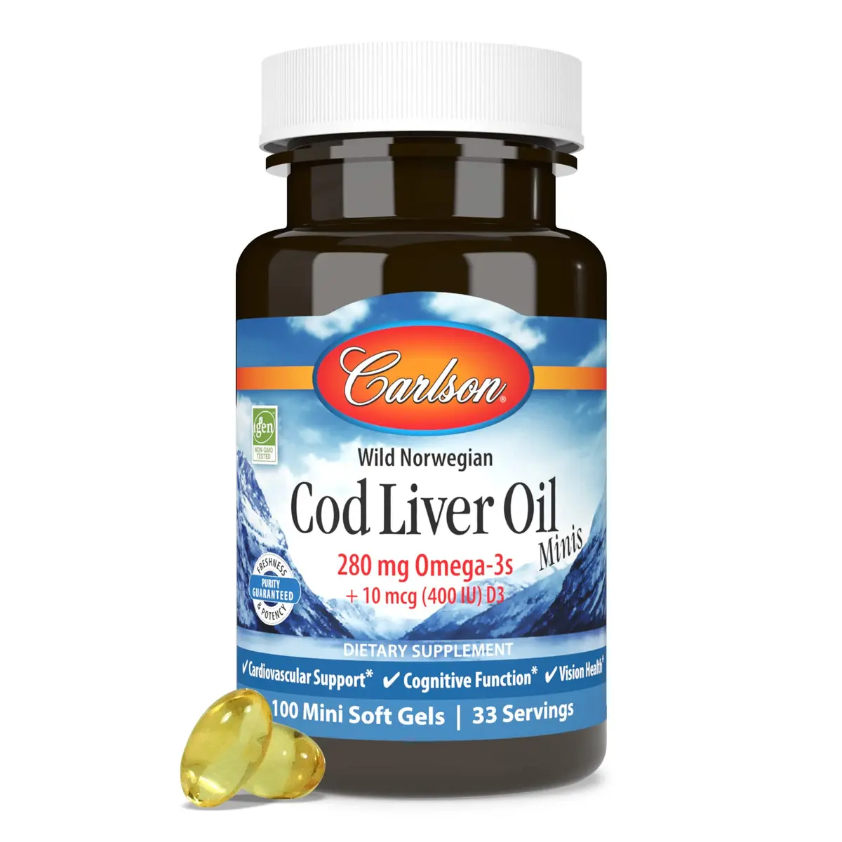 Carlson Cod Liver Oil Minis 280 mg Omega-3s + Vitamins A & D3 | 100 Mini Softgels (300 Soft Gels Total) - view 5
