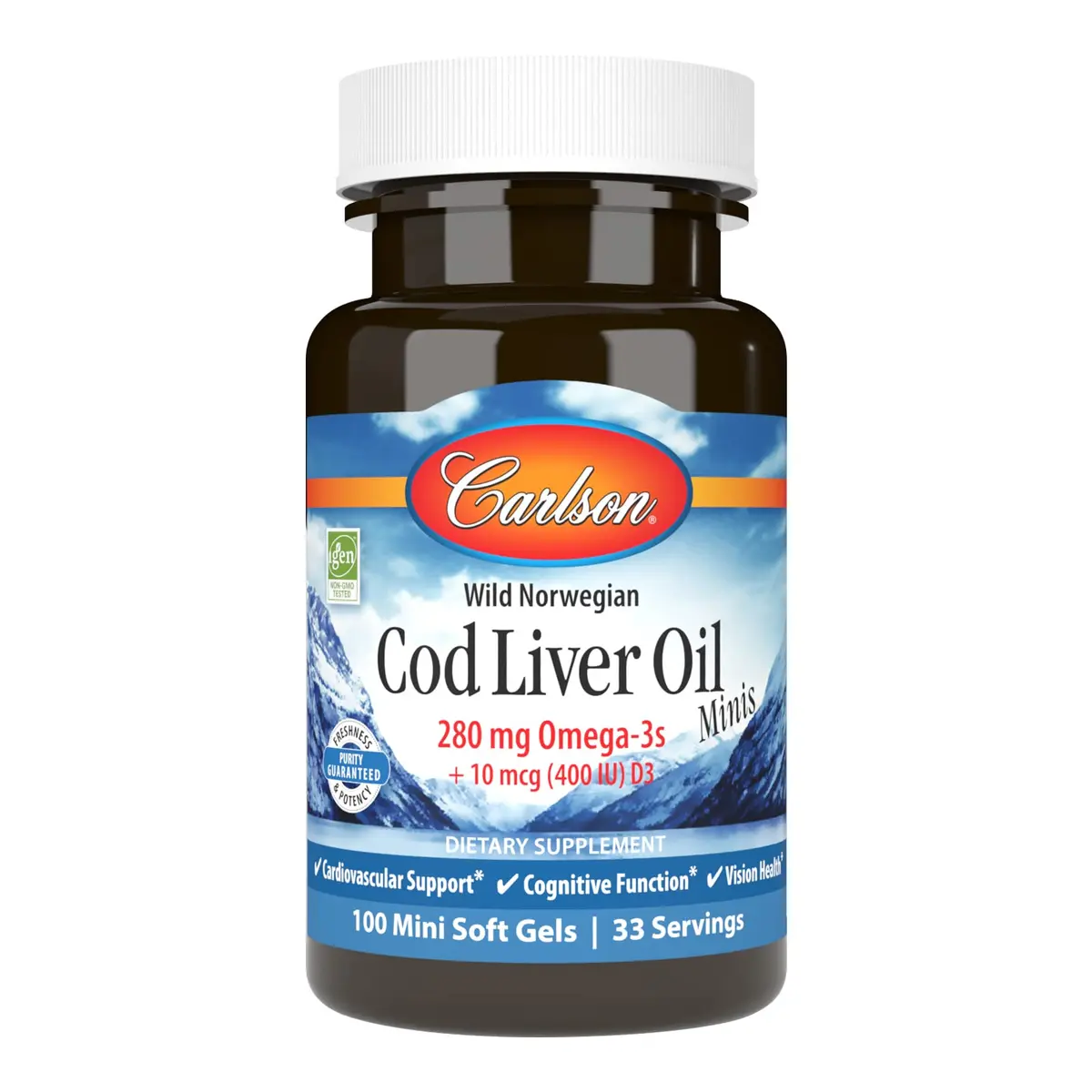Carlson Cod Liver Oil Minis 280 mg Omega-3s + Vitamins A & D3 | 100 Mini Softgels (300 Soft Gels Total) - main product image