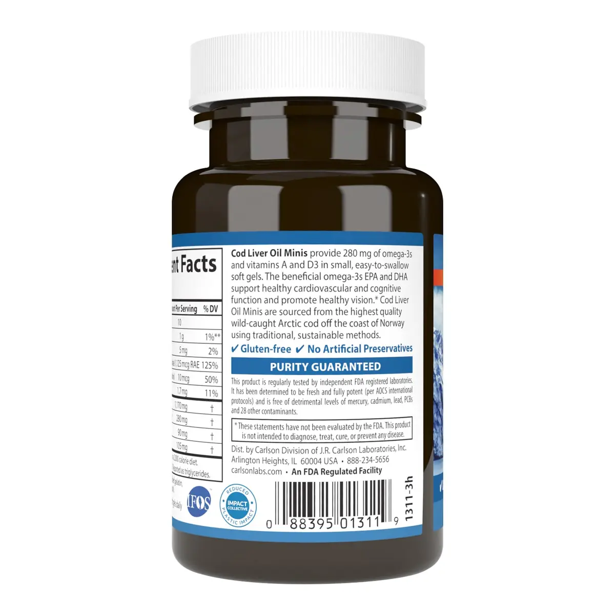 Carlson Cod Liver Oil Minis 280 mg Omega-3s + Vitamins A & D3 | 100 Mini Softgels (300 Soft Gels Total) - view 3