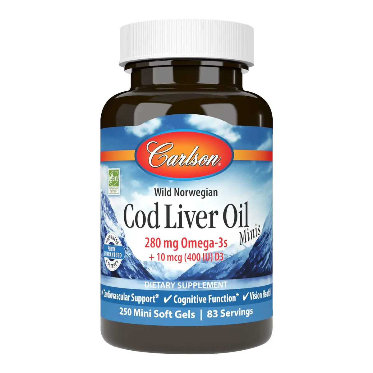 Carlson Cod Liver Oil Minis 280 mg Omega-3s + Vitamins A & D3 | 250 Mini Softgels (250 Count) - main product image
