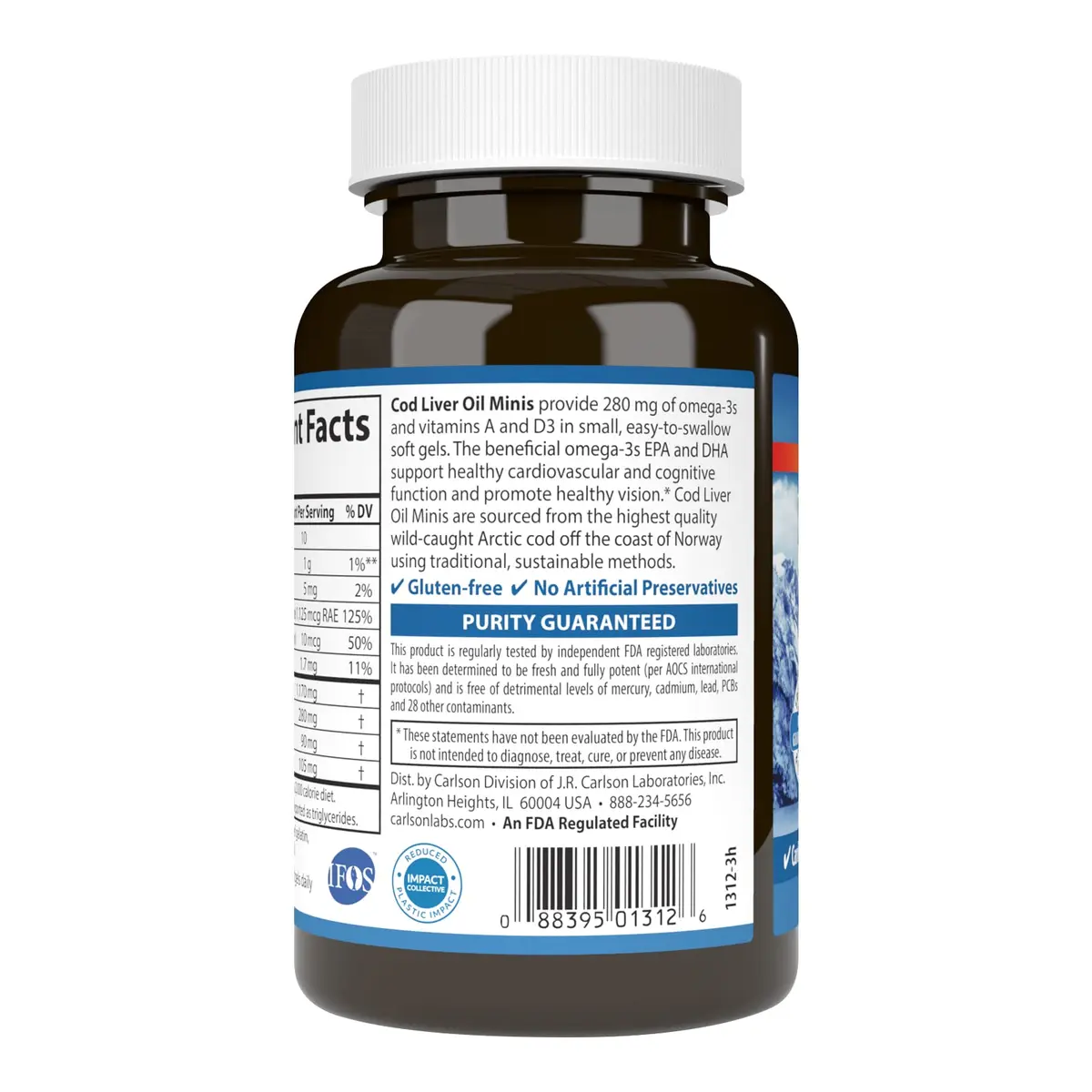 Carlson Cod Liver Oil Minis 280 mg Omega-3s + Vitamins A & D3 | 250 Mini Softgels (250 Count) - view 3