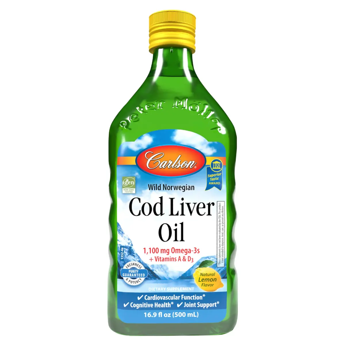 Carlson Cod Liver Oil Lemon 500 mL (16.9 Fl Oz) | 1100 mg Omega-3s, Heart & Brain Health - main product image