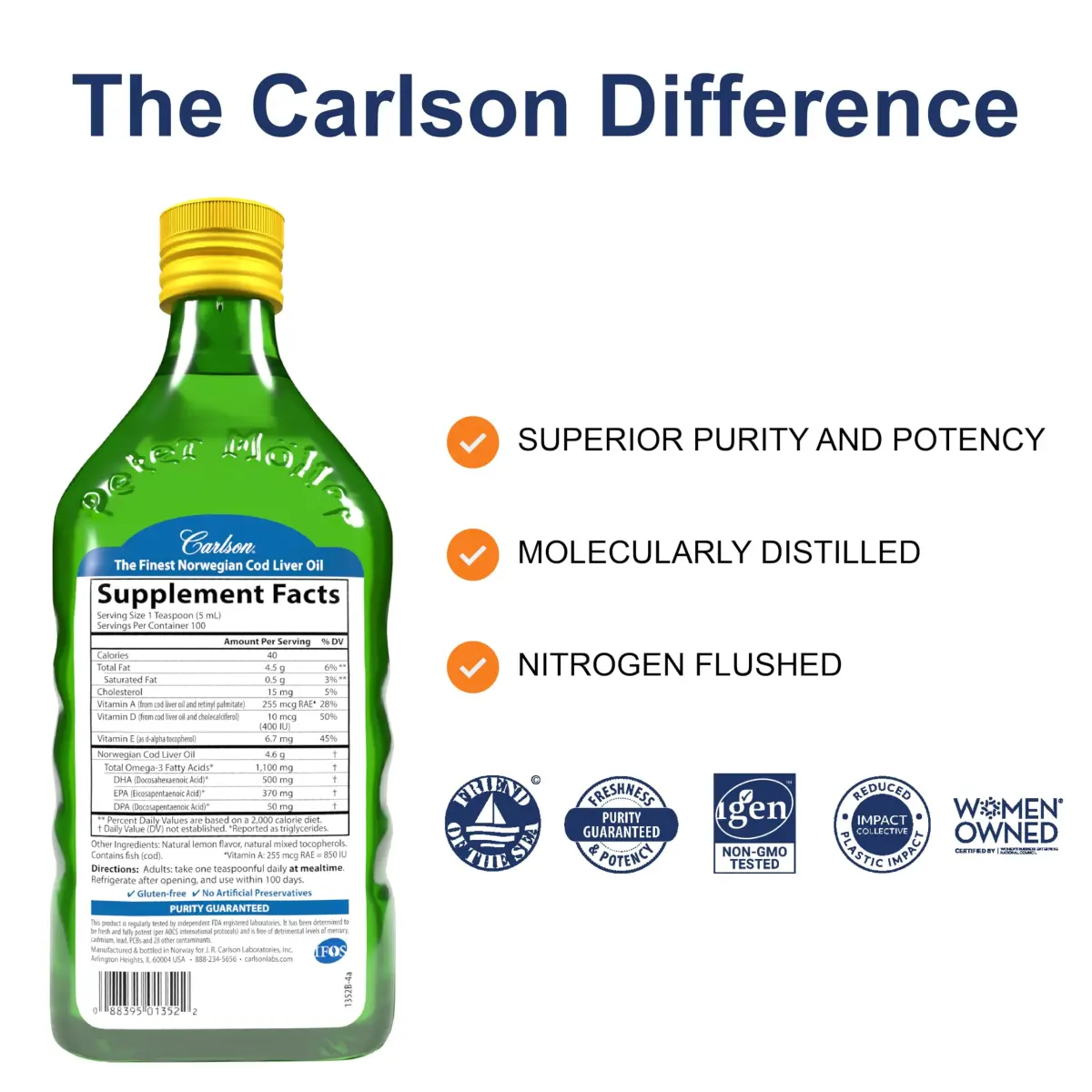 Carlson Cod Liver Oil Lemon 500 mL (16.9 Fl Oz) | 1100 mg Omega-3s, Heart & Brain Health - view 2