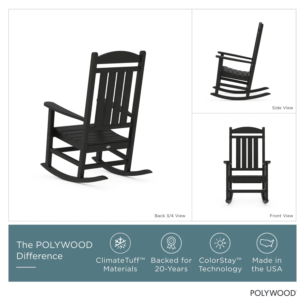 Polywood Presidential Rocking Chair in Black | Durable HDPE Outdoor Furniture (70-120 chars) - view 2