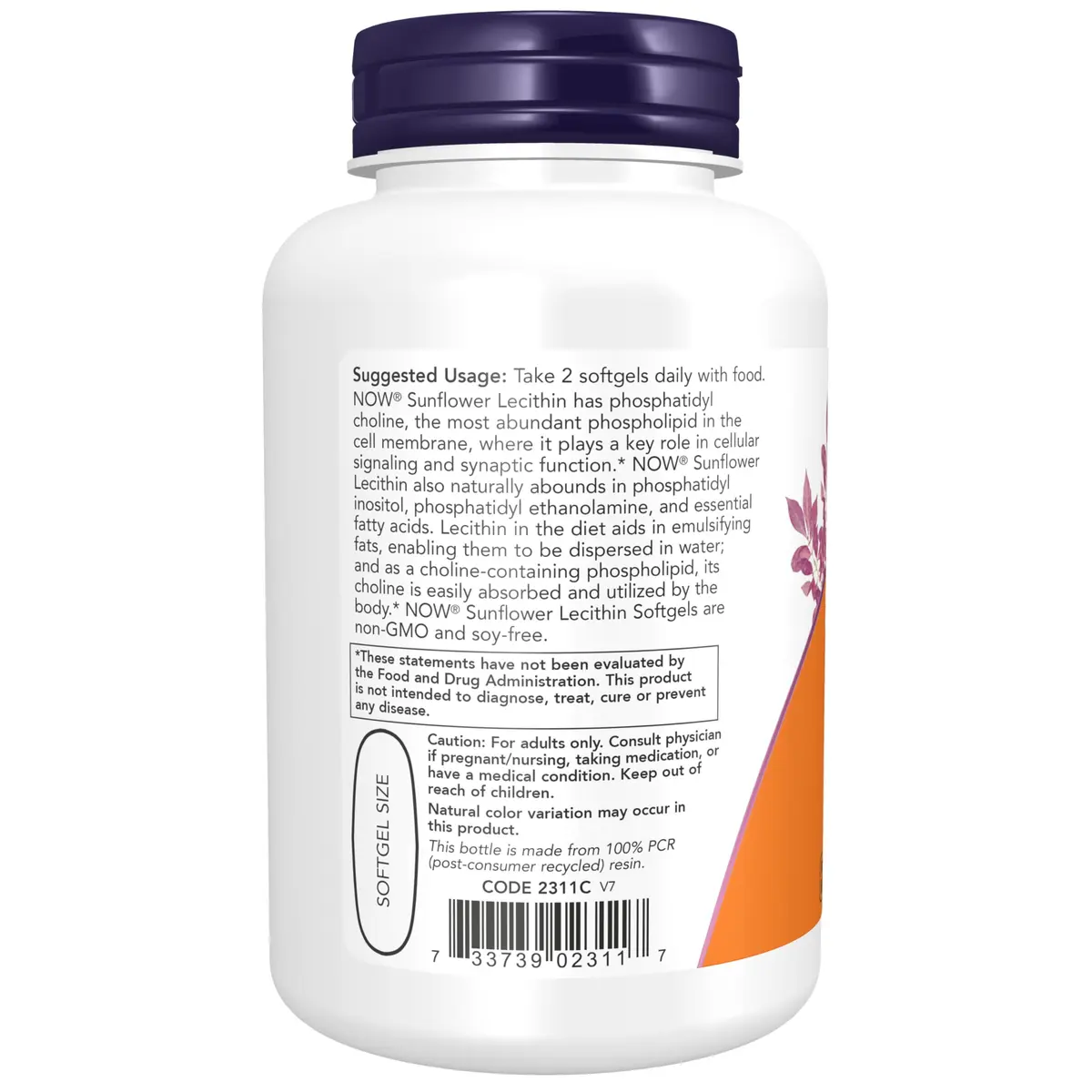 NOW Supplements Sunflower Lecithin 100 Softgels | Phosphatidyl Choline for Cell Support - view 3