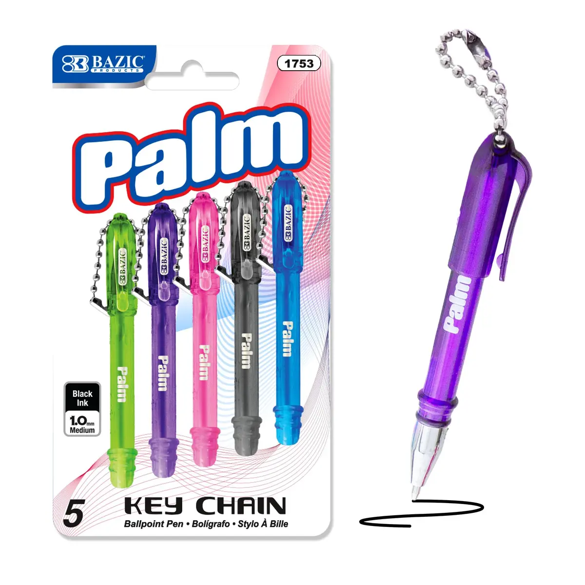 BAZIC PRODUCTS Palm Mini Ballpoint Pens, Key Chain, Black Ink, Medium, 5 Ct | Compact, Refillable, Dependable Performance - main product image
