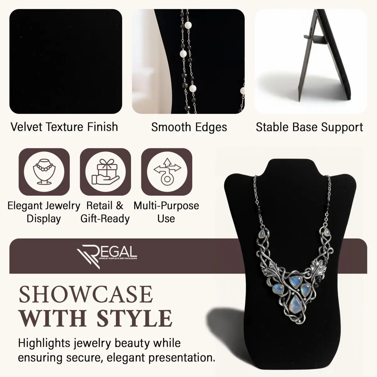 RJ Displays Black Velvet Necklace Display Stand 14" H | Professional Jewelry Display for Vendors - view 3
