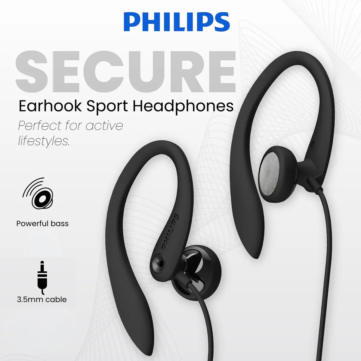 PHILIPS Headphones Black | Flexible Earhook, Wired, 3.5mm, 15mm Driver, 1.2m Cable, 1 Year Warranty - view 2