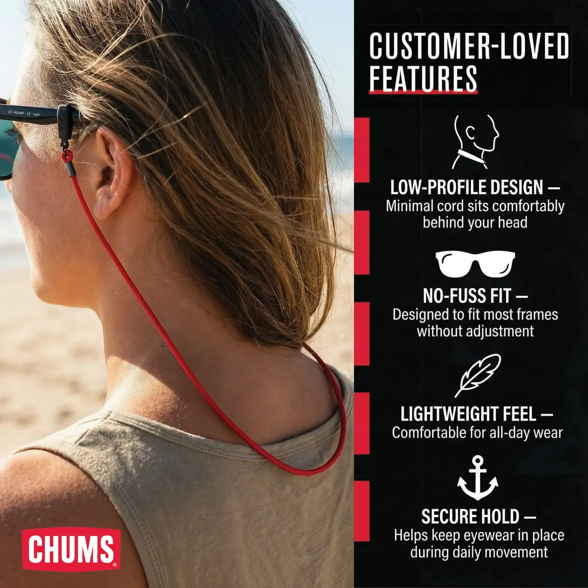 Chums Lens Leash Eyewear Retainer & Glasses Lanyard (Red) | Durable Polyester Cord for All Outdoor Activities - view 2