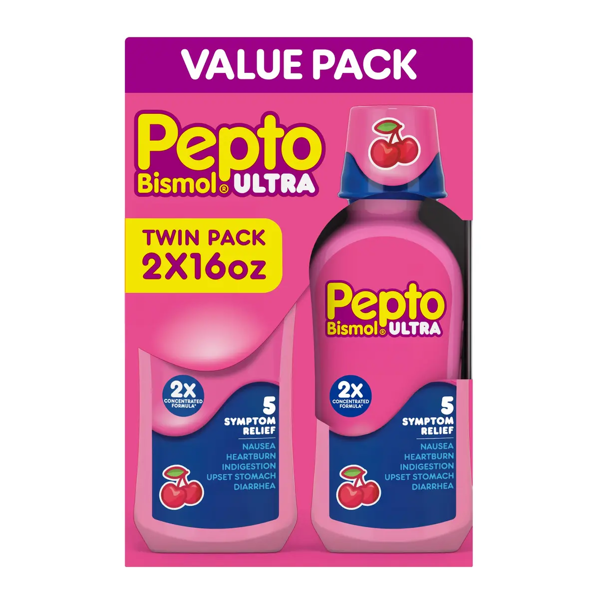 Pepto Bismol Liquid Ultra for Nausea, Heartburn, Indigestion, Upset Stomach, and Diarrhea - 5 Symptom Fast Relief, Cherry Flavor, 2x16 oz | Fast 5-Symptom Relief - main product image