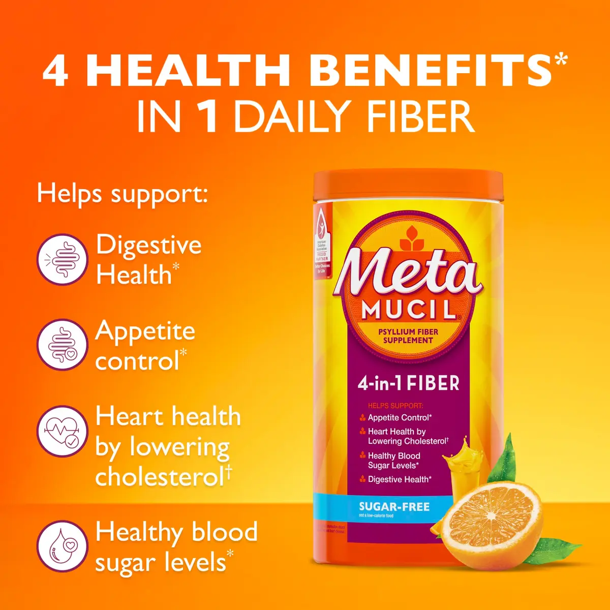 Metamucil Sugar-Free Orange Psyllium Husk Fiber Powder 180 Servings (180 tsp) | Supports Digestive Health & Heart Health - view 2