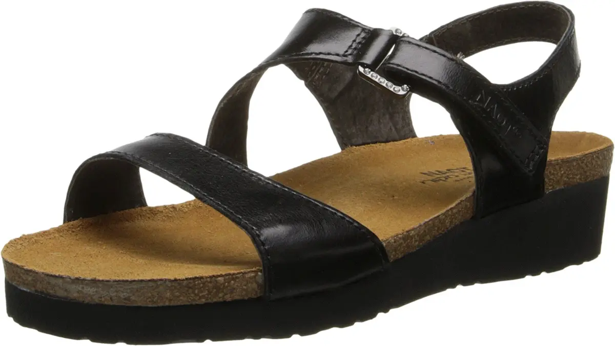 NAOT Pamela Sandal Black Madras Leather | Elegant Two-Strap Casual Wedge for Women - main product image