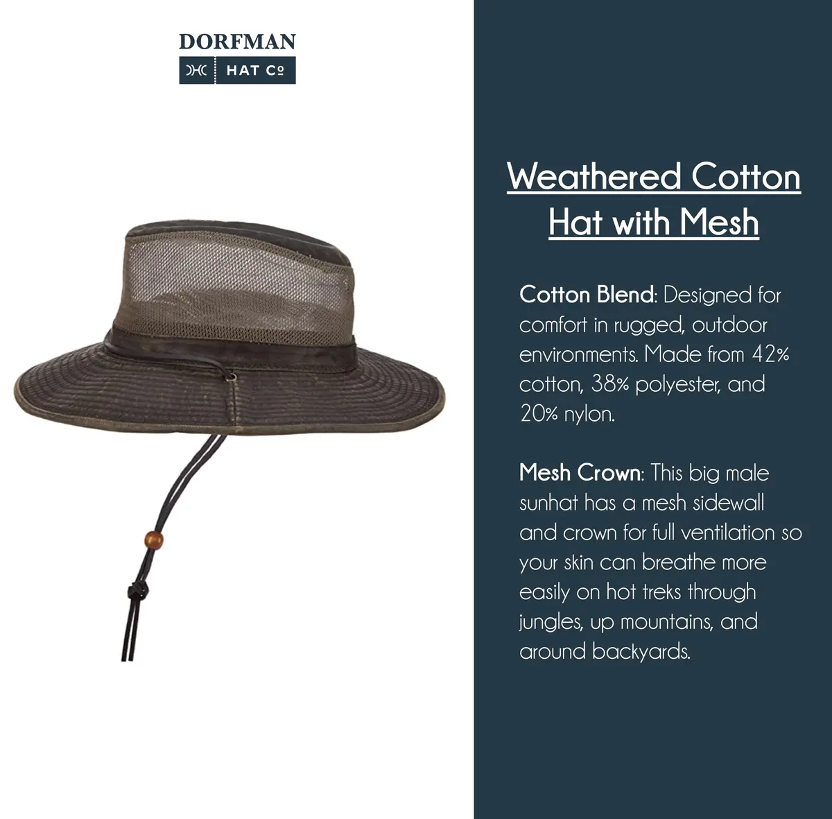 Dorfman Pacific Weathered Cotton Big Brim with Mesh Men’s Sun Hat | Adventure-Ready, Ventilated & Durable - view 5