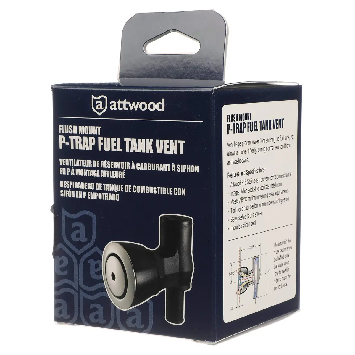 Attwood 90-Degree P-Trap Fuel Tank Vent, Flush Mount, 5/8-Inch Hose | Stainless Steel Vent Head - view 5