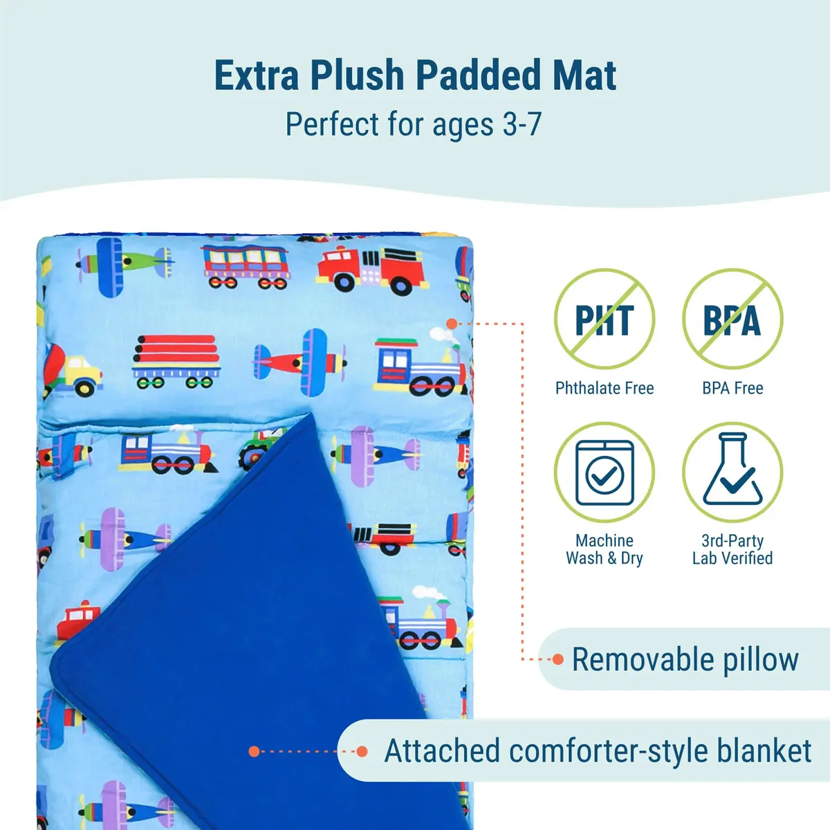 Wildkin Nap Mat with Pillow and Blanket | Preschool Rest Mat, Trains, Planes, Trucks (One Size) - view 3