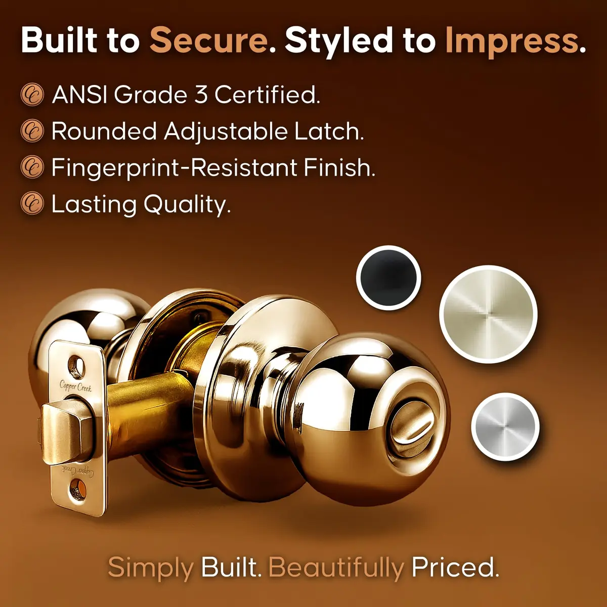 Copper Creek Privacy Interior Door Knob – ANSI Grade-3 Certified, Heavy Duty Handle, Easy Install, Reversible, Polished Brass (1 Pack) - view 5