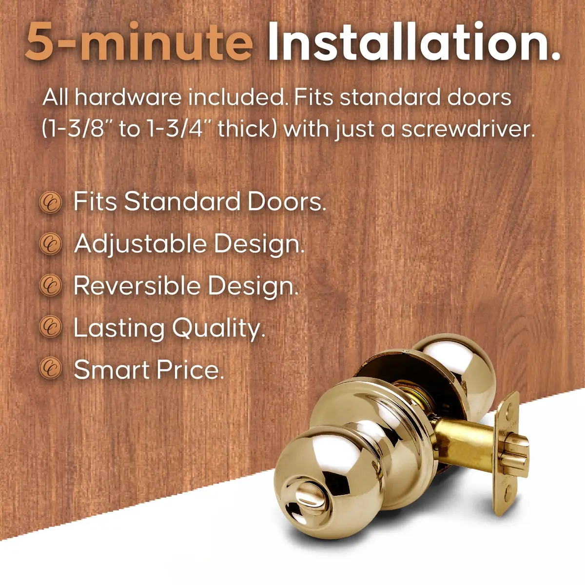 Copper Creek Privacy Interior Door Knob – ANSI Grade-3 Certified, Heavy Duty Handle, Easy Install, Reversible, Polished Brass (1 Pack) - view 3