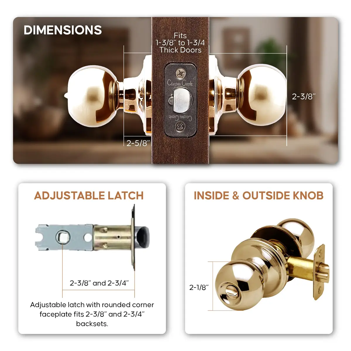 Copper Creek Privacy Interior Door Knob – ANSI Grade-3 Certified, Heavy Duty Handle, Easy Install, Reversible, Polished Brass (1 Pack) - view 4