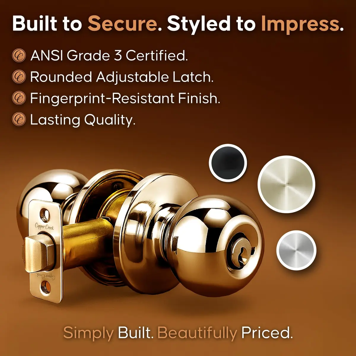 Copper Creek Entry Door Knob – Keyed Entry Handle with Lock and Key, ANSI Grade-3 Certified, DIY-Friendly Install for Interior and Exterior Doors – Polished Brass (1 Pack) - view 5