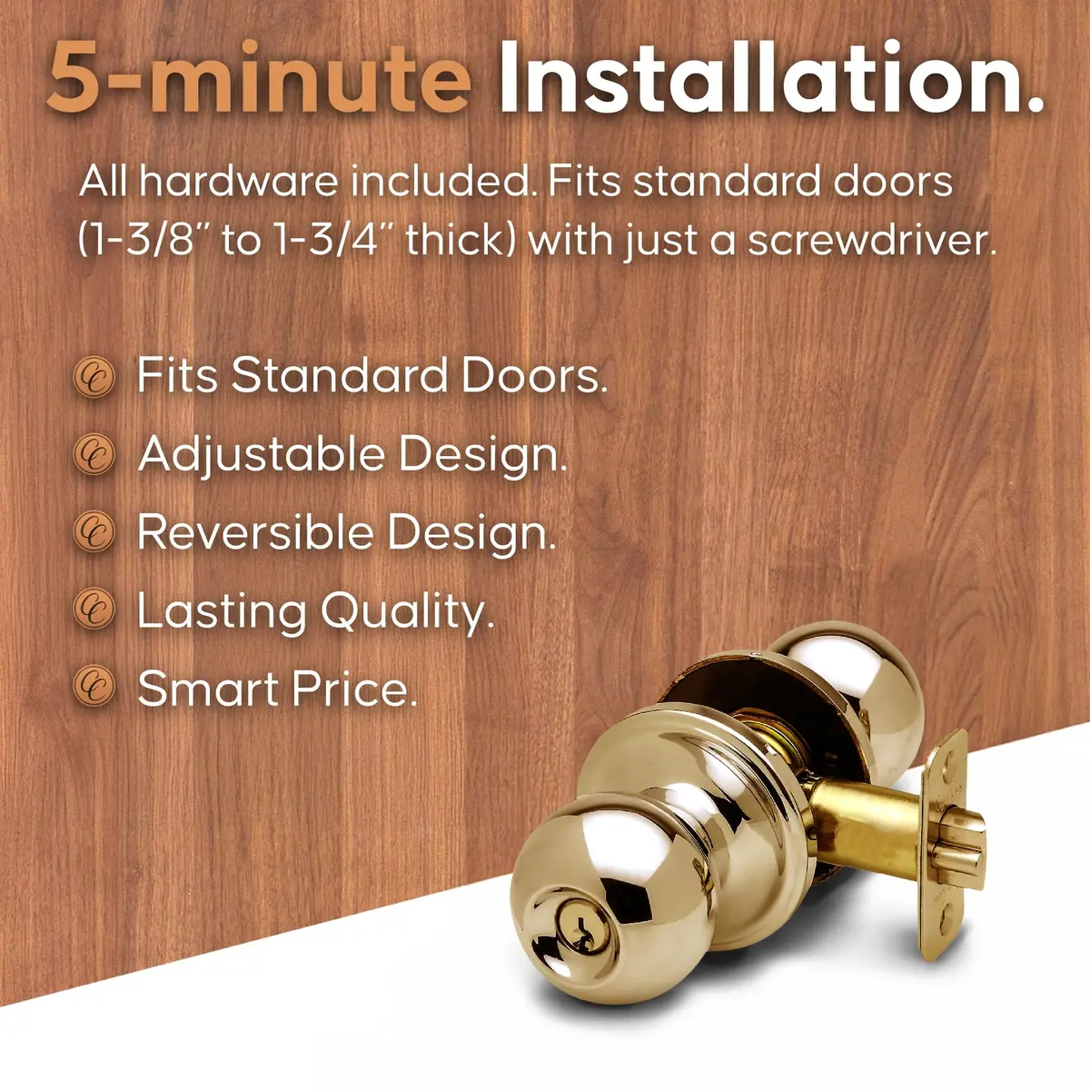 Copper Creek Entry Door Knob – Keyed Entry Handle with Lock and Key, ANSI Grade-3 Certified, DIY-Friendly Install for Interior and Exterior Doors – Polished Brass (1 Pack) - view 3
