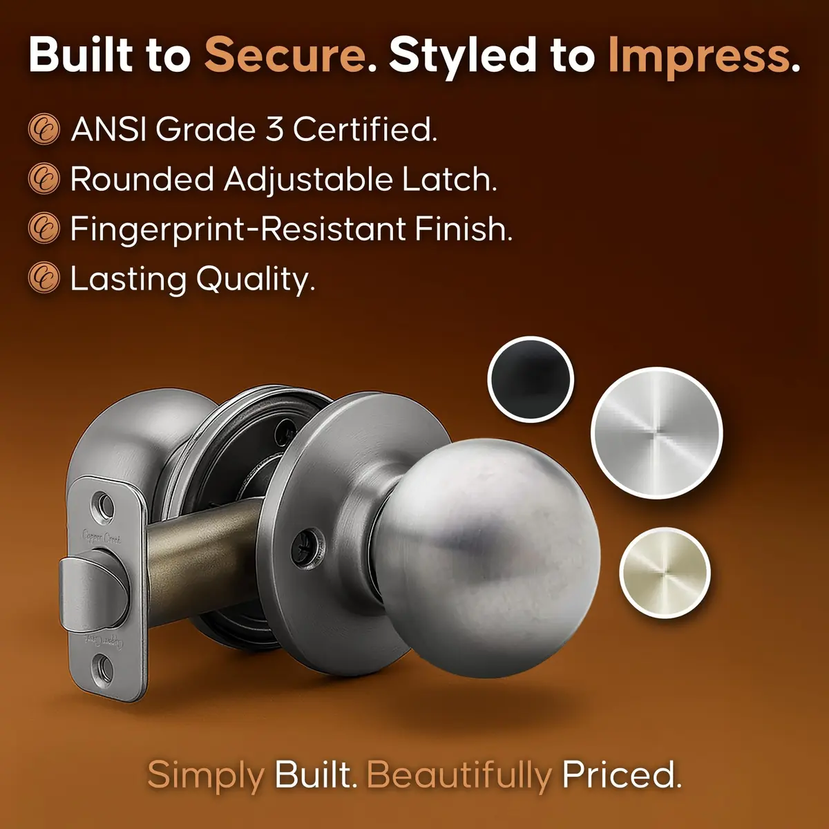 Copper Creek Passage Interior Door Knob – ANSI Grade-3 Certified, Heavy Duty Handle, Easy Install, Reversible, Satin Stainless (1 Pack) - view 5