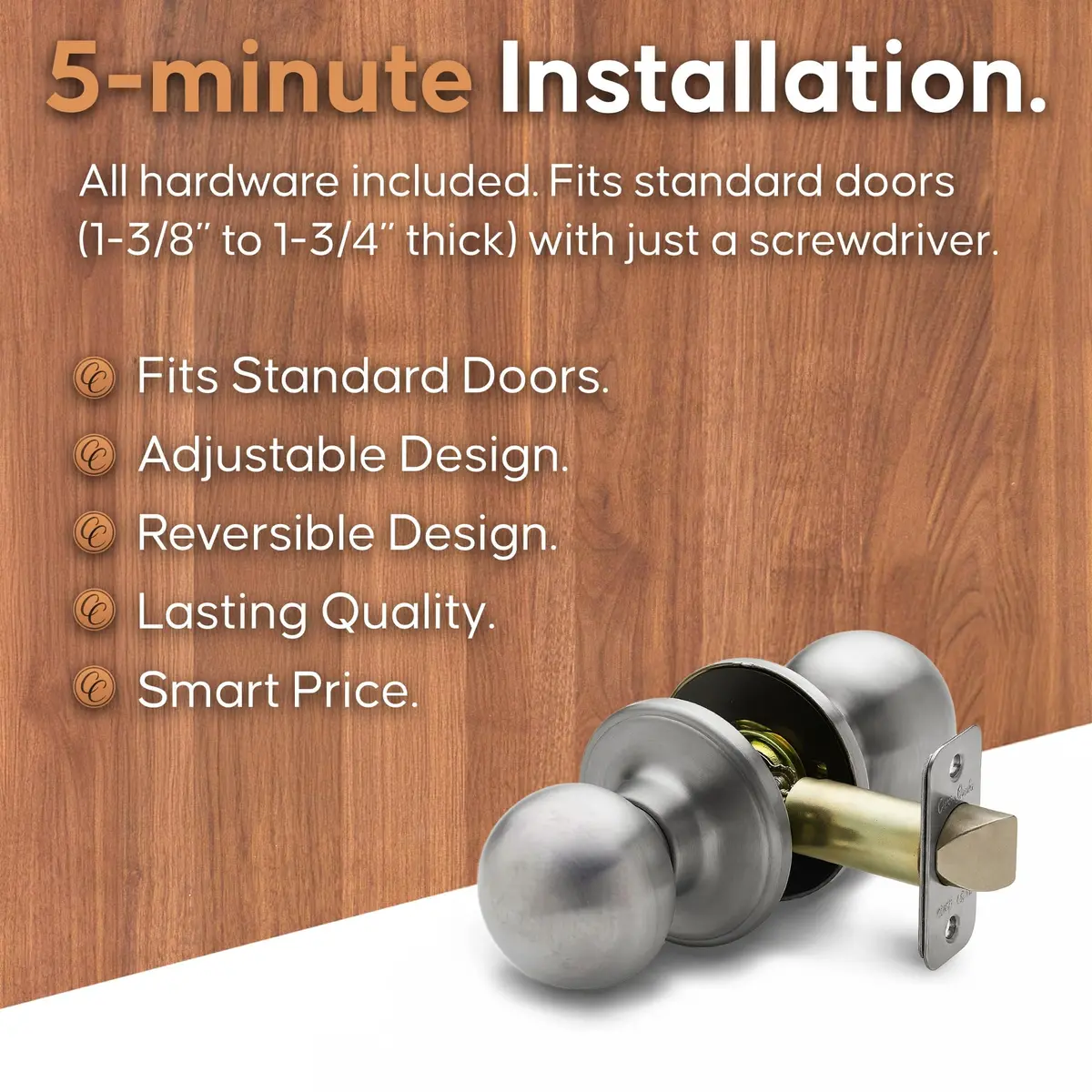 Copper Creek Passage Interior Door Knob – ANSI Grade-3 Certified, Heavy Duty Handle, Easy Install, Reversible, Satin Stainless (1 Pack) - view 3