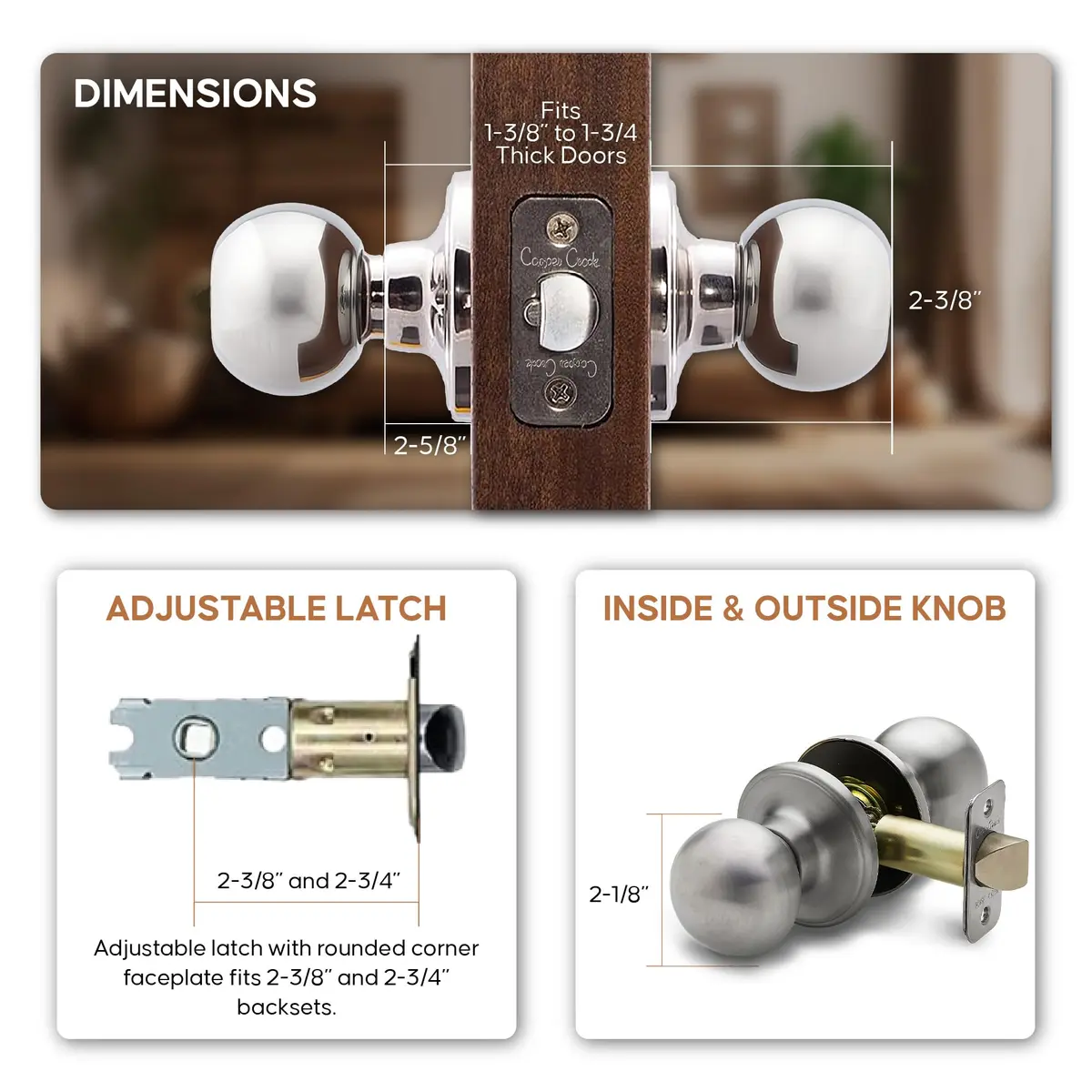 Copper Creek Passage Interior Door Knob – ANSI Grade-3 Certified, Heavy Duty Handle, Easy Install, Reversible, Satin Stainless (1 Pack) - view 4