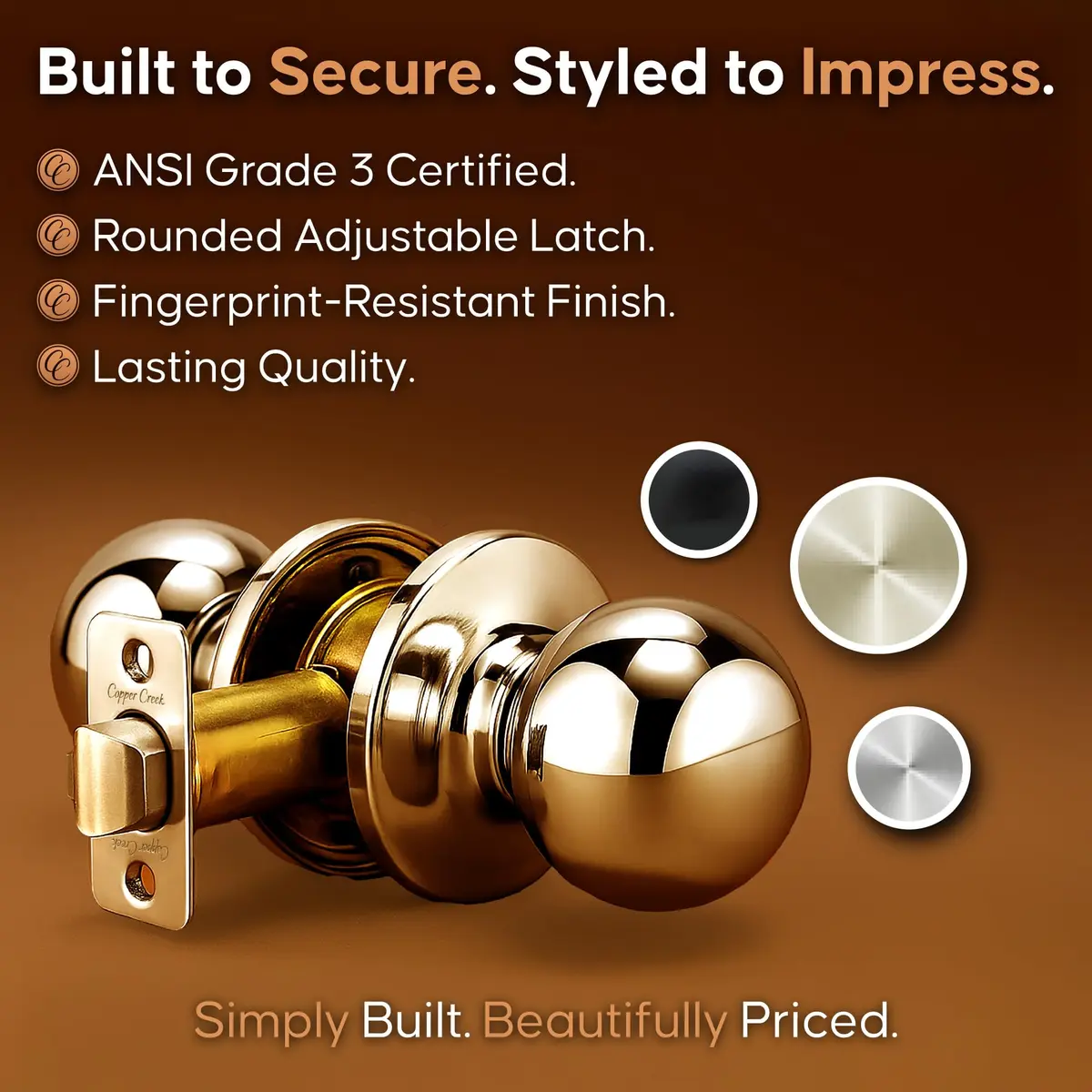 Copper Creek Passage Interior Door Knob – ANSI Grade-3 Certified, Heavy Duty Handle, Easy Install, Reversible, Polished Brass (1 Pack) - view 5