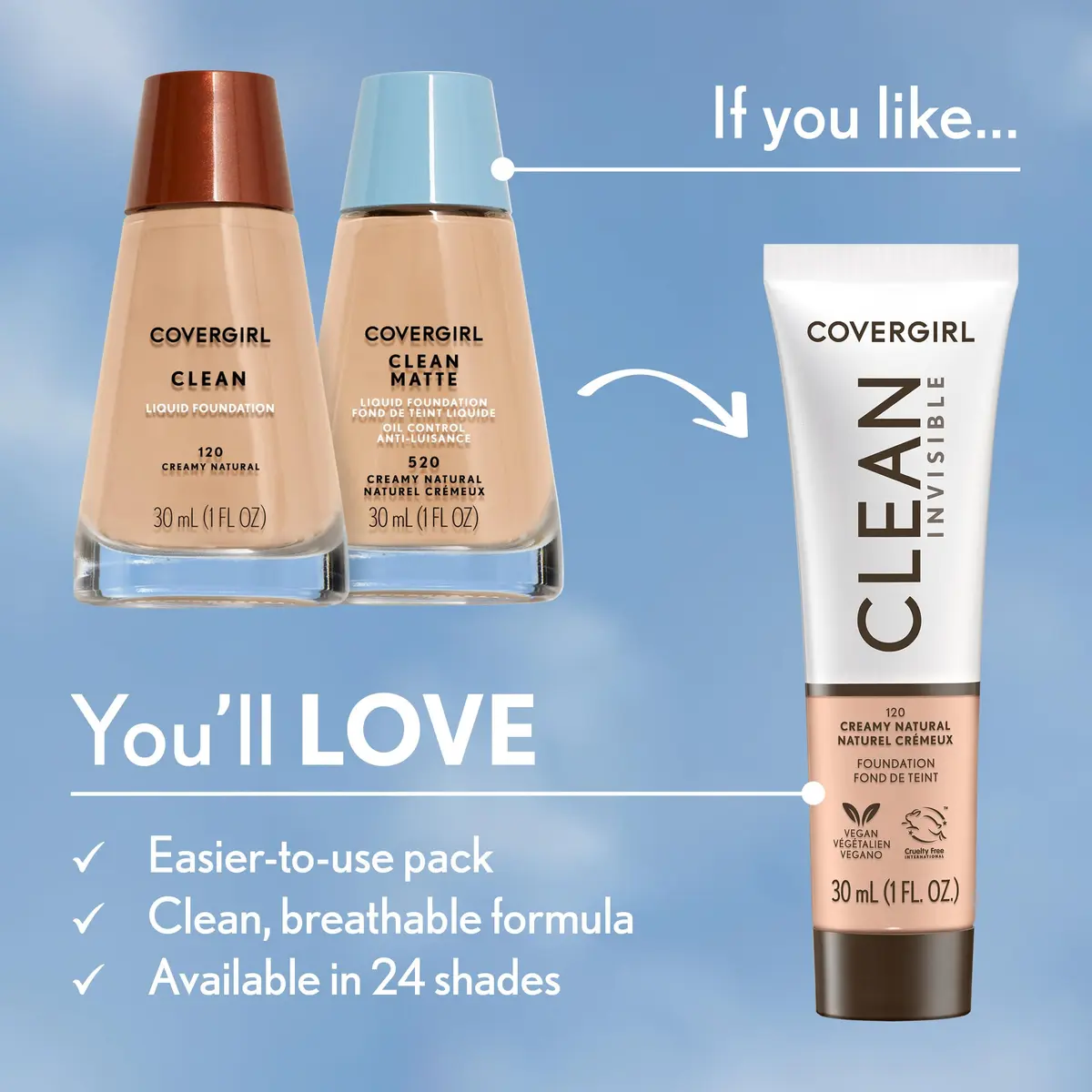 COVERGIRL Clean Matte Liquid Foundation Ivory 505 | Oil-Free, Sensitive Skin, 1 oz - view 3