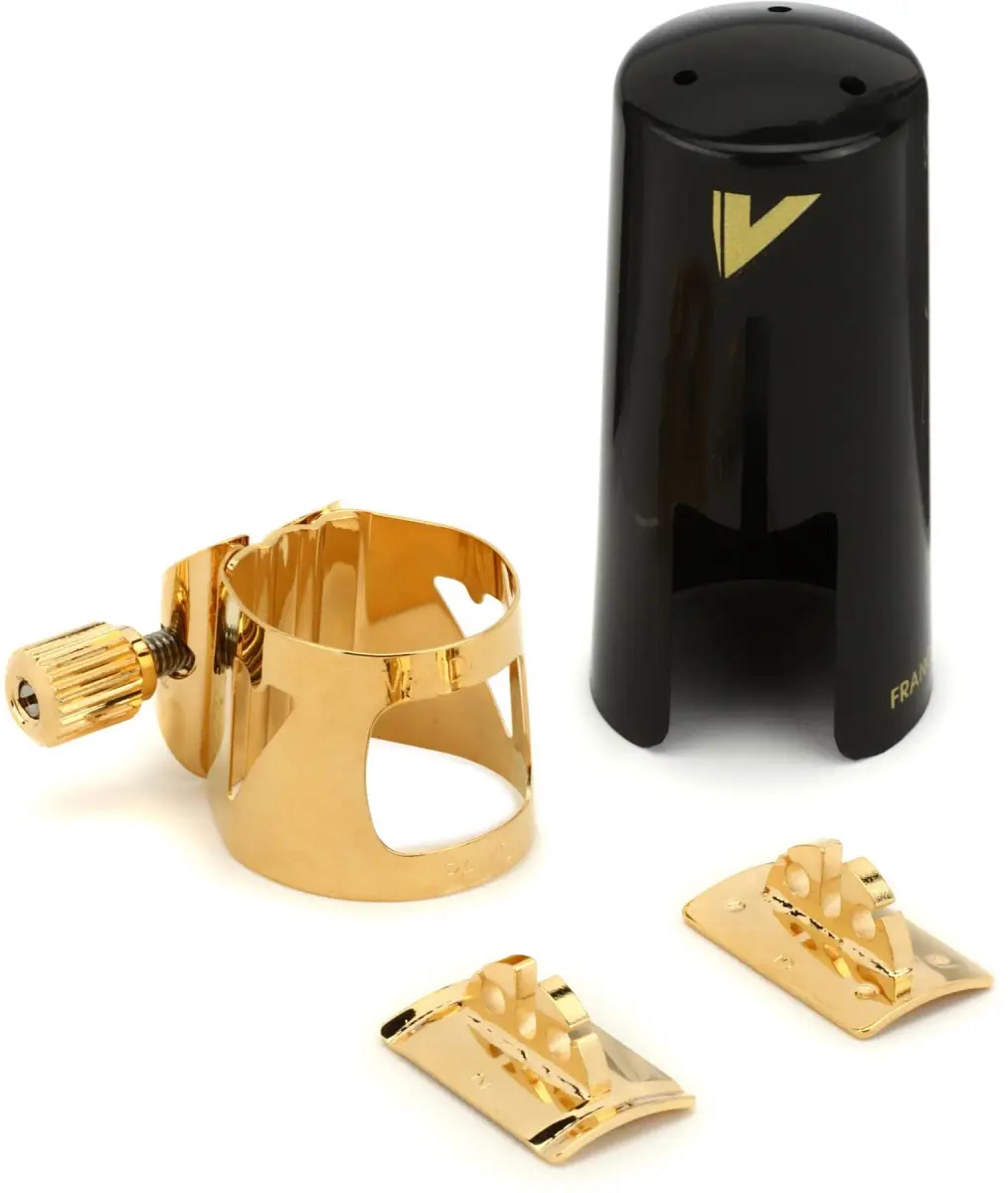 Vandoren LC06P Optimum Ligature and Plastic Cap for Soprano Saxophone Gilded with 3 Interchangeable Pressure Plates, Black - main product image