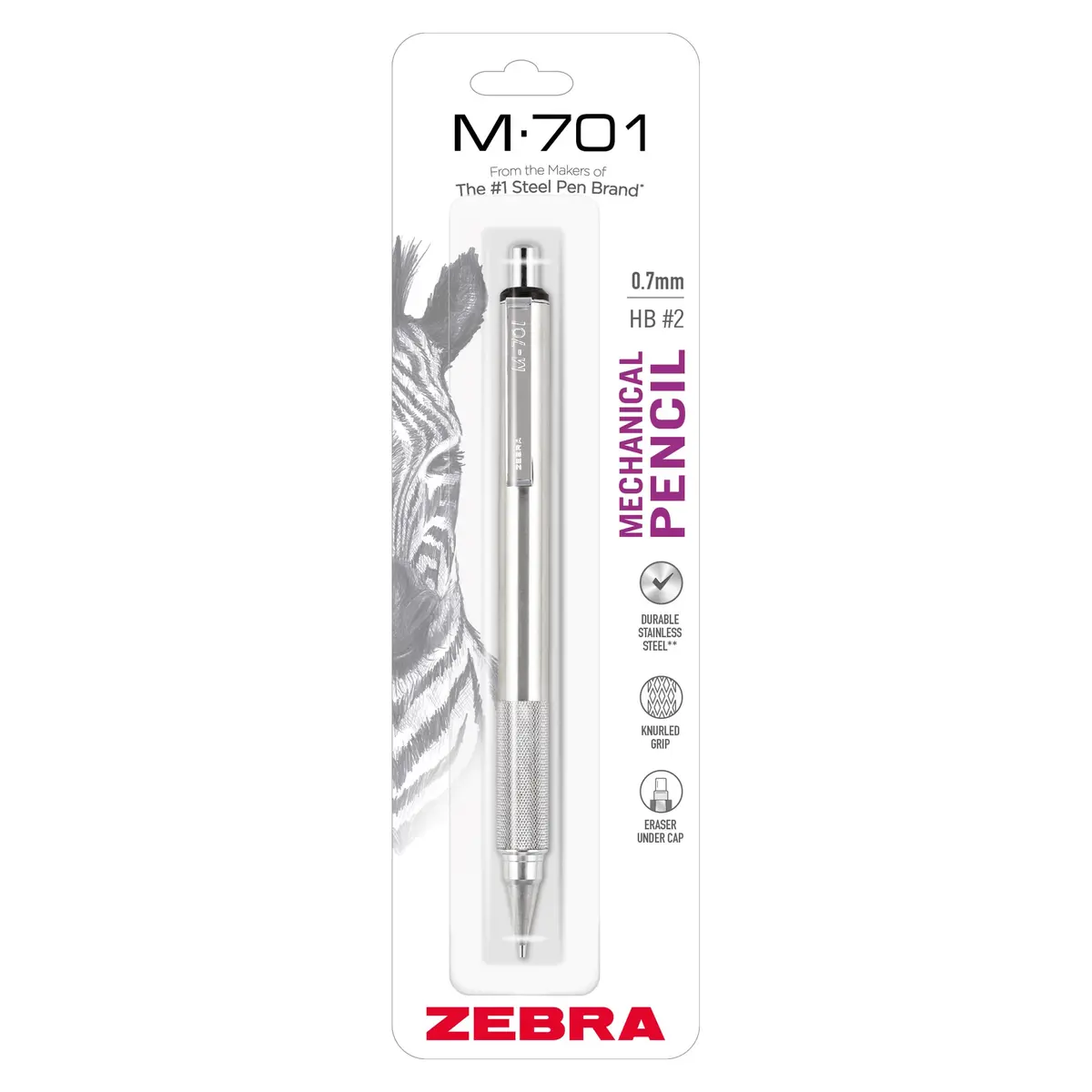Zebra Pen STEEL M-701 Tactical Mechanical Pencil 0.7mm Medium Point Silver | Durable Stainless Steel Construction - main product image