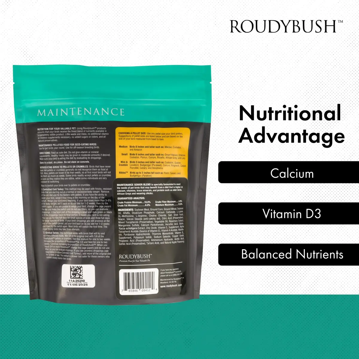 RoudyBush Senior Diet Bird Food, Medium Pellets 44 oz | Supports Mature Birds' Nutrition - view 5