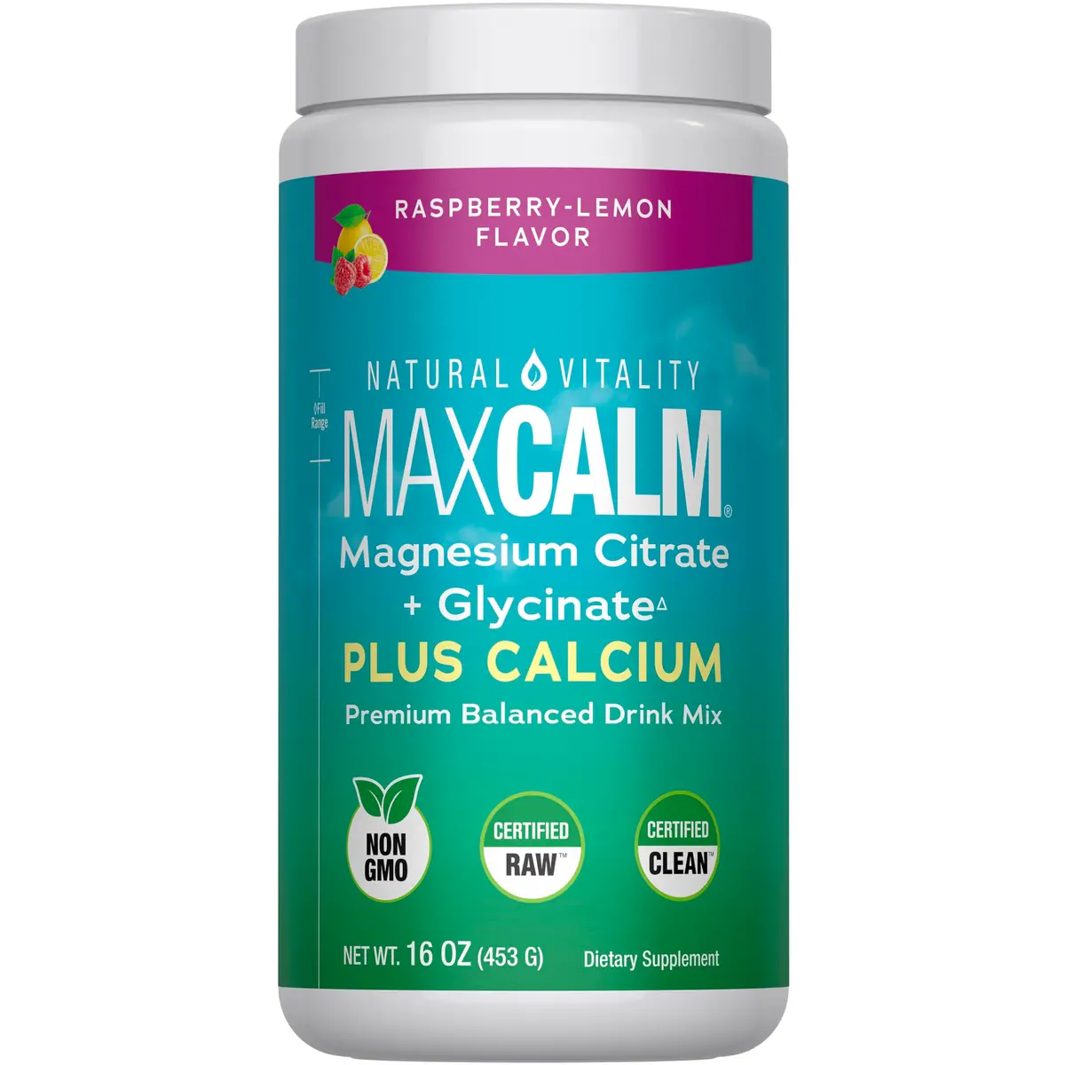 Natural Vitality Calm, Magnesium Citrate & Calcium Supplement, Drink Mix Powder Supports a Healthy Response to Stress, Gluten Free, Vegan, & Non-GMO, Raspberry Lemon, 16 oz - main product image