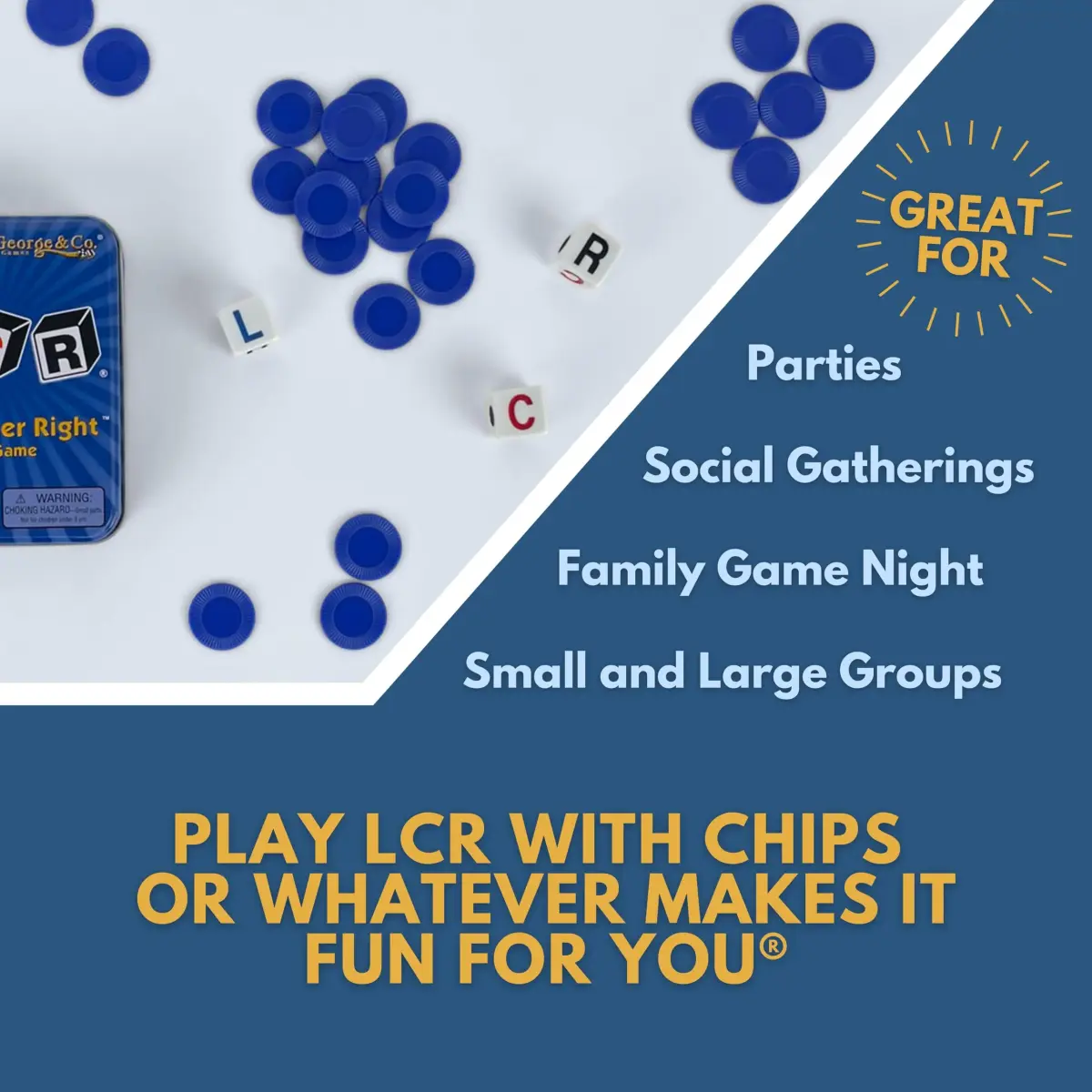 George & Company LLC LCR® Left Center Right™ Dice Game - Blue Tin | Classic Luck Game for 3+ Players - view 3