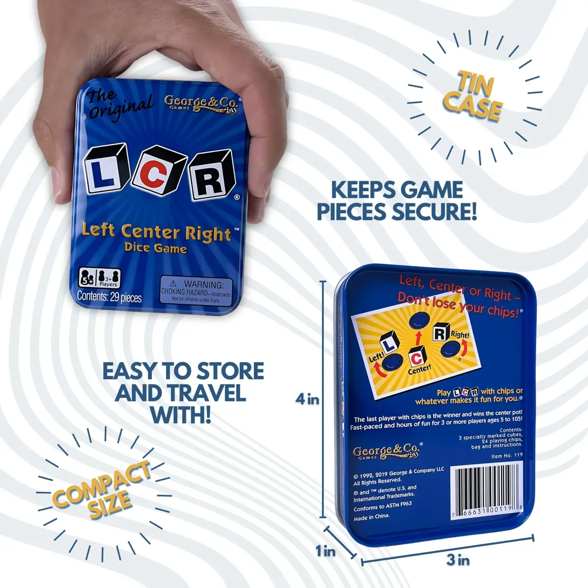 George & Company LLC LCR® Left Center Right™ Dice Game - Blue Tin | Classic Luck Game for 3+ Players - view 4