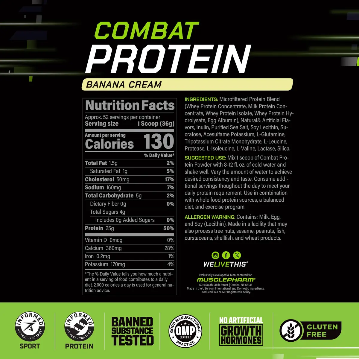 MusclePharm Combat Protein Powder | 5-Protein Blend | Banana Cream - 4.1 lb - view 3