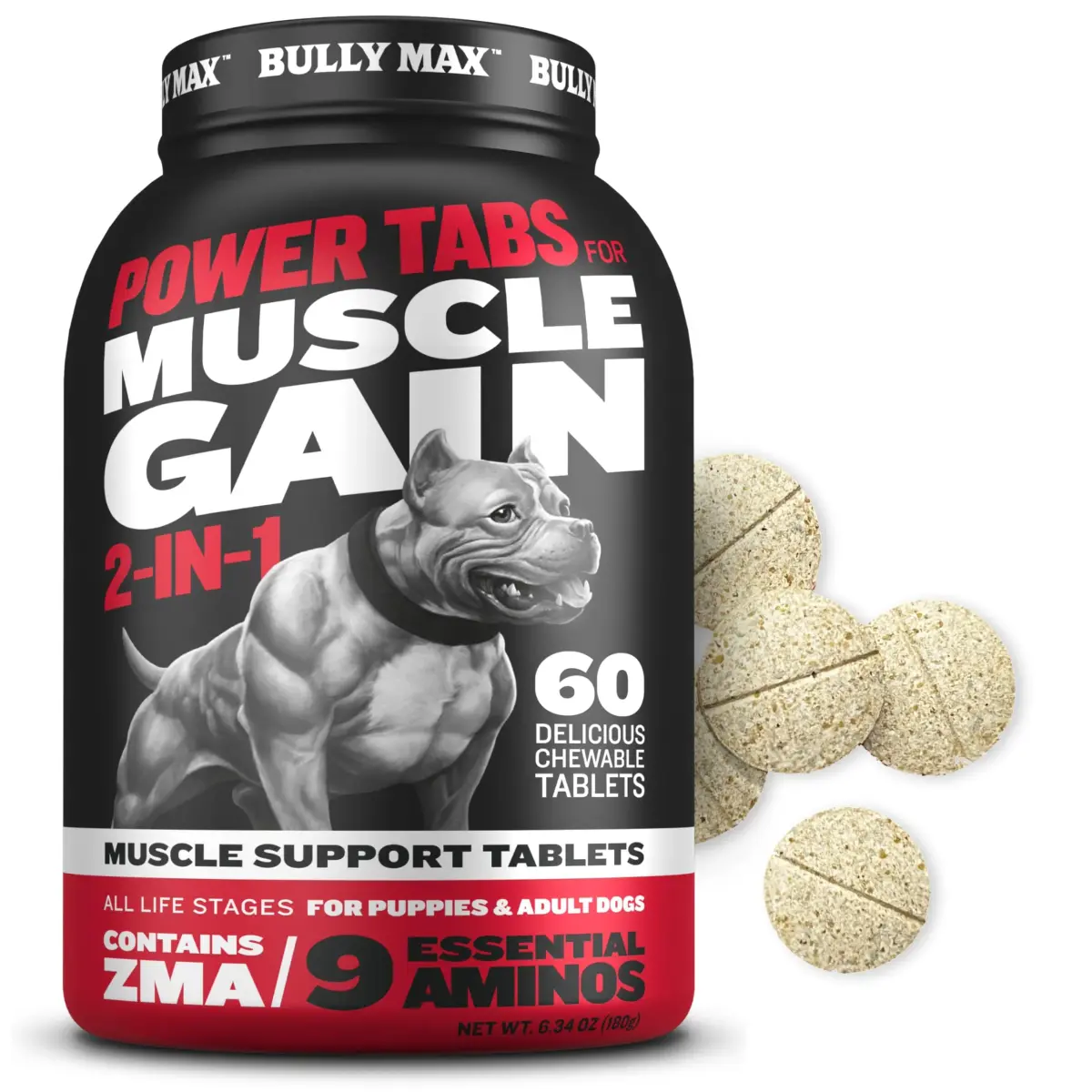 Bully Max 2-in-1 Muscle Builder Chewable Tablets for Puppies & Adult Dogs - 60 Tabs | Supports Muscle Gain & Growth - main product image