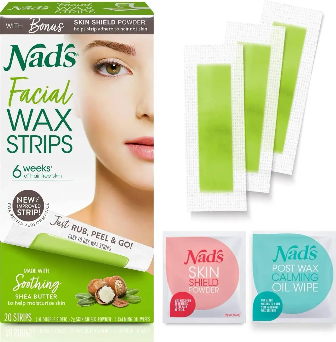 Nad's Hypoallergenic Facial Wax Strips for Women | 20 Strips + 4 Calming Wipes - main product image