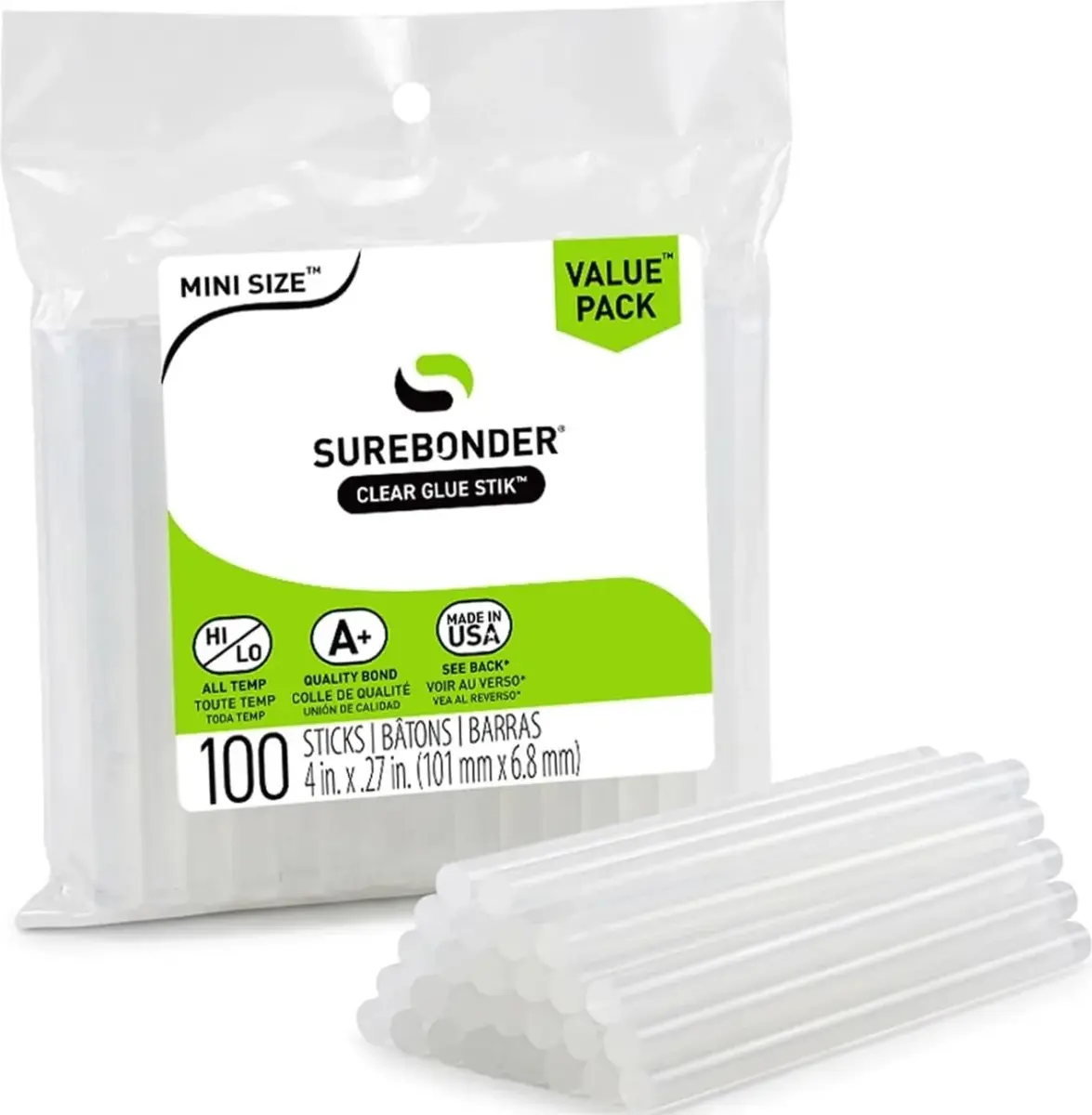 Surebonder Mini Hot Glue Sticks 4 in. Length, 0.27 in. Diameter, 100-Pack | All-Purpose, All-Temp. Crafting - main product image