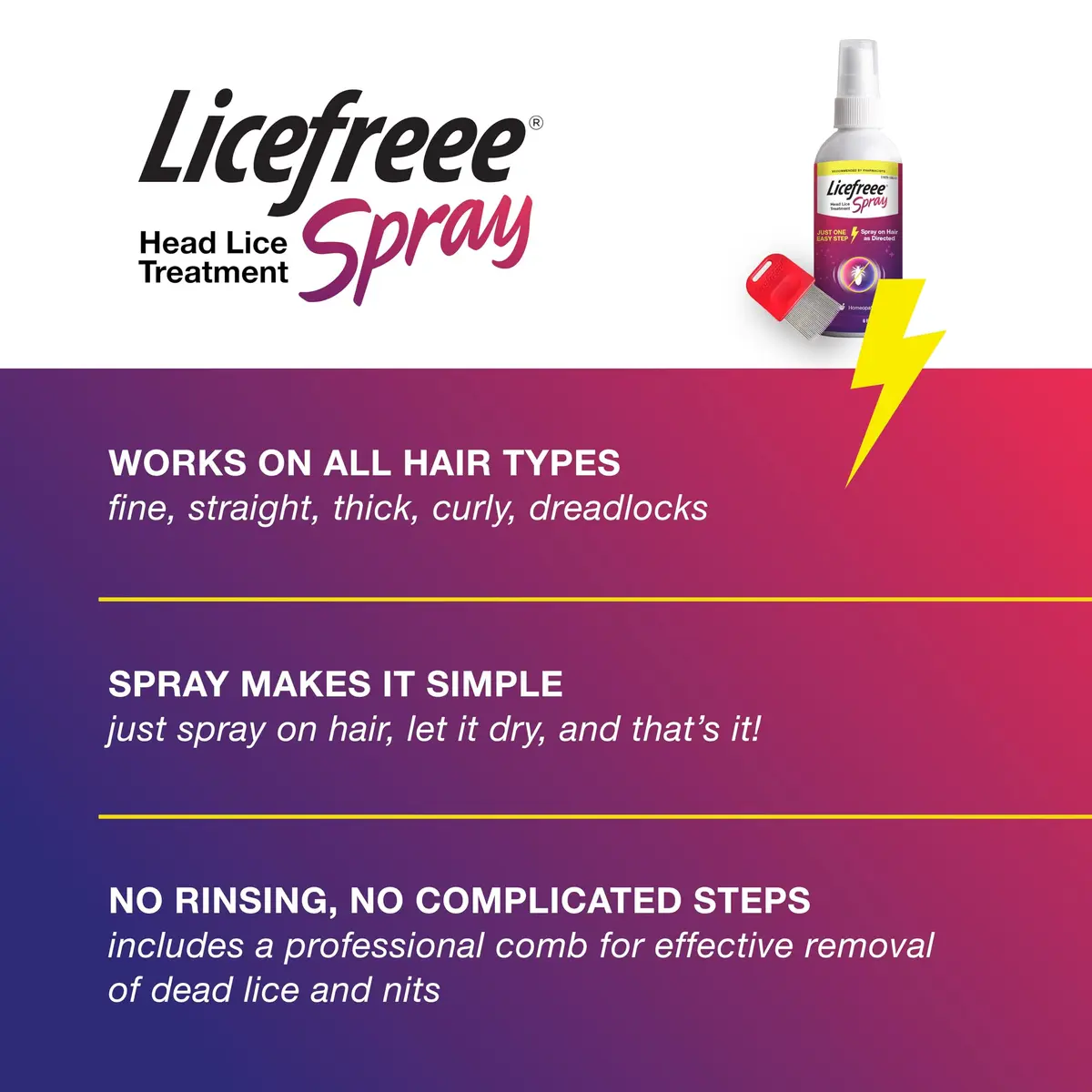 Licefreee Spray! Head Lice Treatment & Lice Comb for Adults & Kids, 6 Fl Oz | Non-Toxic Salt Formula, Safe for Kids 6+ - view 3