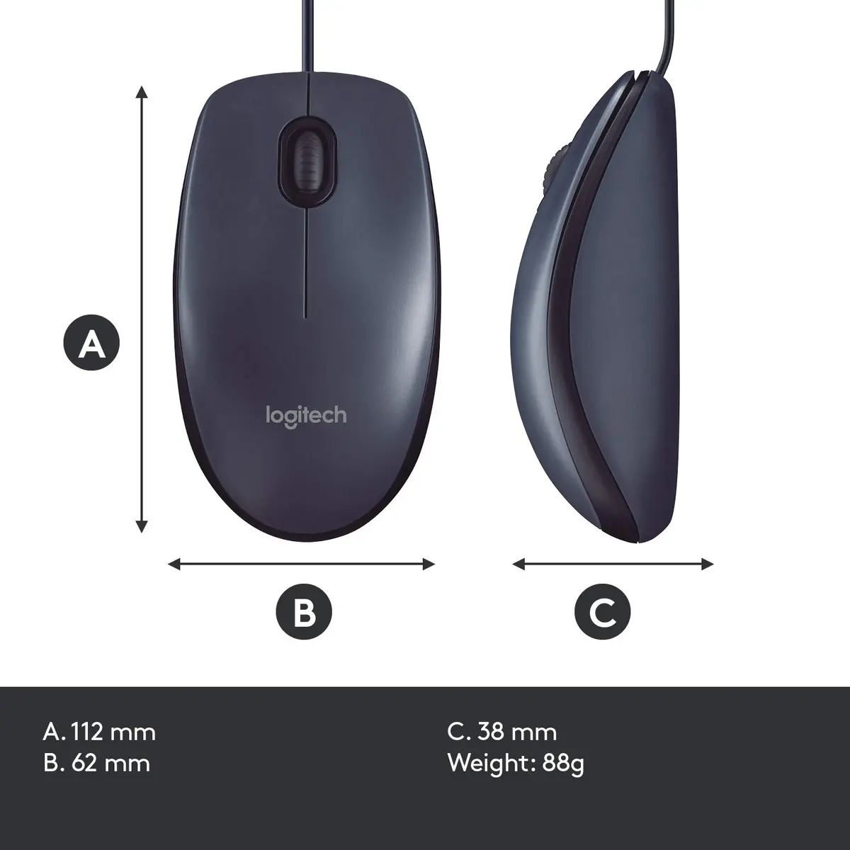 Logitech B100 Ambidextrous Wired Mouse - Black | Precise 800 dpi, Comfortable for Office & Home Use - view 7