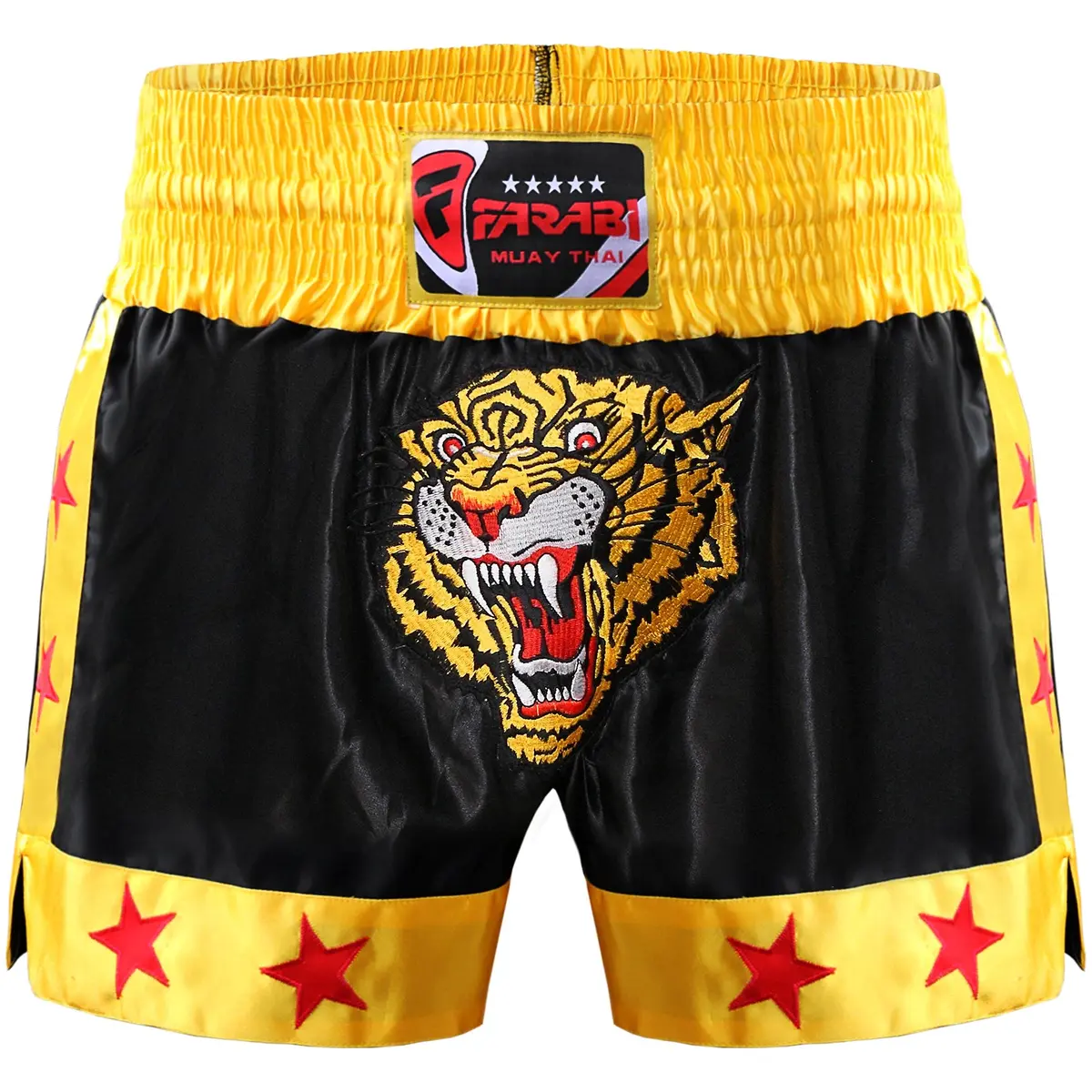 Farabi Sports Muay Thai Shorts Men Women Cage Fighting MMA Kickboxing Training (Large, Black/Gold, US) - main product image