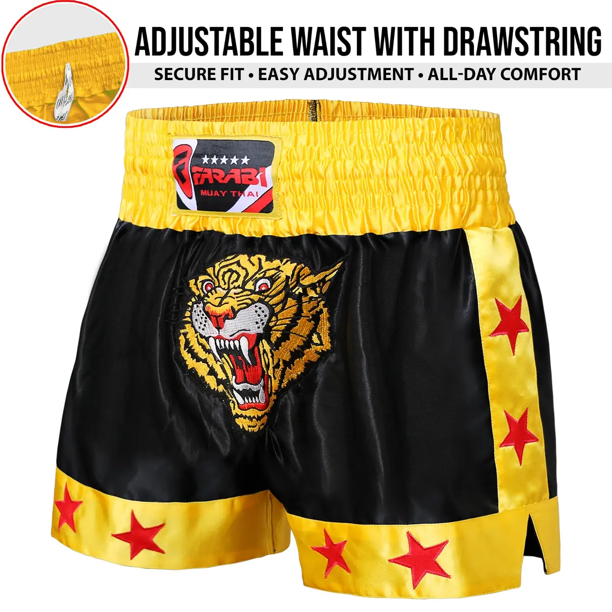 Farabi Sports Muay Thai Shorts Men Women Cage Fighting MMA Grappling Kickboxing Training Exercise Fitness Running Shorts (US, Medium, Regular, Black/Gold) - view 3