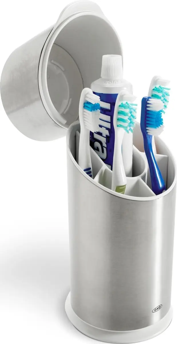 OXO Good Grips Bathroom Toothbrush Holder Set - Stainless Steel | Compact, Hygienic & Durable - main product image