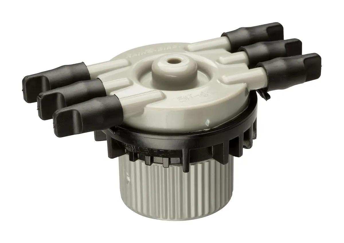Rain Bird 6-Port Free Flow Drip Irrigation Manifold 1/2" NPT x 1/4" Drip | Connects Six 1/4" Drip Tubes to 1/2" Riser - main product image