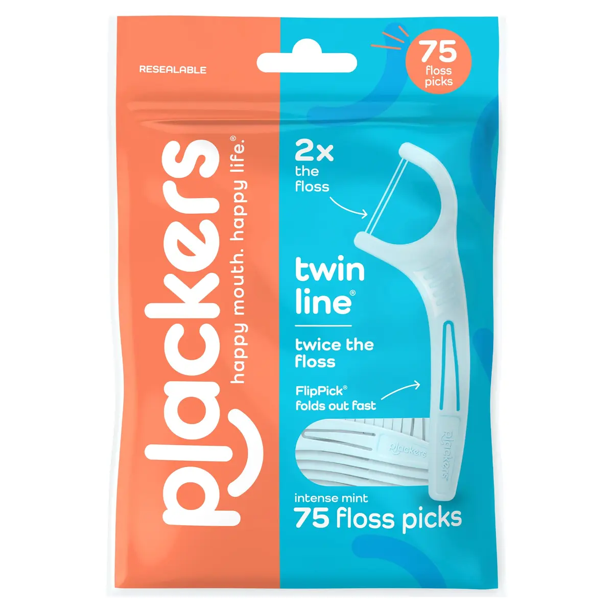Plackers Twin Line Floss Picks, Intense Mint, 75 Count | Double Floss Surface, Mint Flavor, On-the-Go Oral Care - main product image