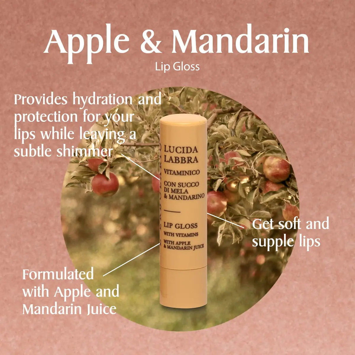 L'Erbolario Lip Gloss Apple Mandarin 0.15 oz | Soothing, Hydrating with Subtle Shine - view 2