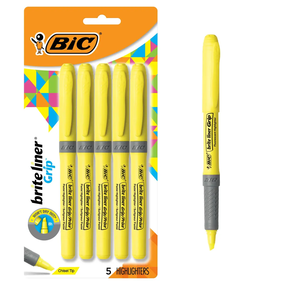 BIC Brite Liner Grip Highlighters, Chisel Tip, 5-Count Pack, Yellow | Long-Lasting, Safe & Reliable Office Supplies - main product image